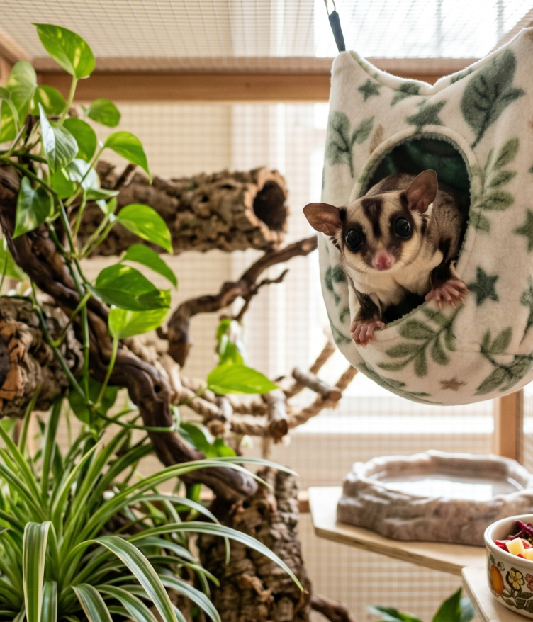 A sugar glider peeks out from a cozy hammock in its habitat. Green plants and a bowl of food are nearby.