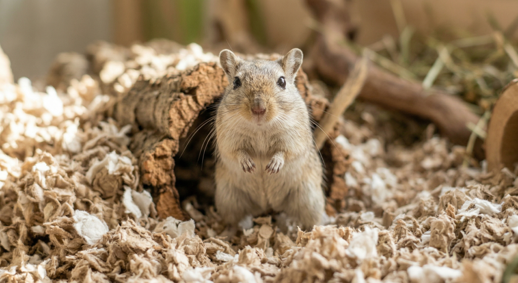 A small tan gerbil standing upright in its bedding, framed by a wooden tunnel.