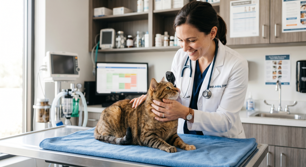 A veterinarian with a stethoscope gently examining a tabby cat on a table covered with a blue towel.