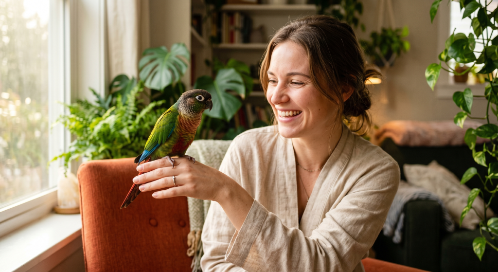 A woman smiling and holding a colorful parrot on her hand in a cozy living room.