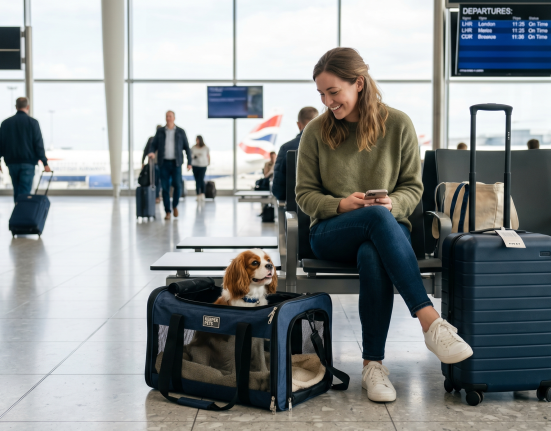 A woman sits in an airport with a dog in a carrier, checking her phone. There are luggage and other travelers nearby.