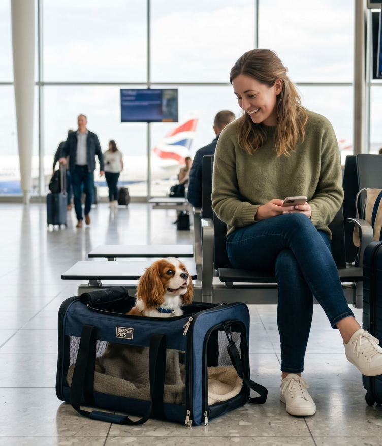 A woman sits in an airport with a dog in a carrier, checking her phone. There are luggage and other travelers nearby.