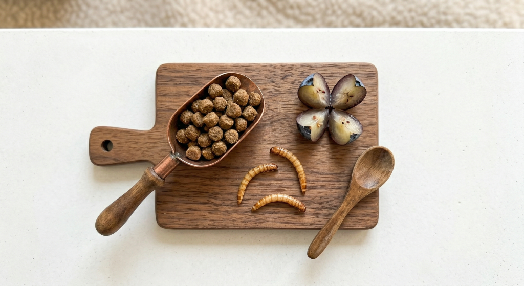 A wooden scoop filled with brown pellets, next to dried worms, and a split fruit showing its purple flesh on a wooden board.