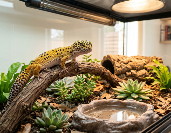A yellow leopard gecko standing on a branch inside a glass terrarium with plants and a water bowl.