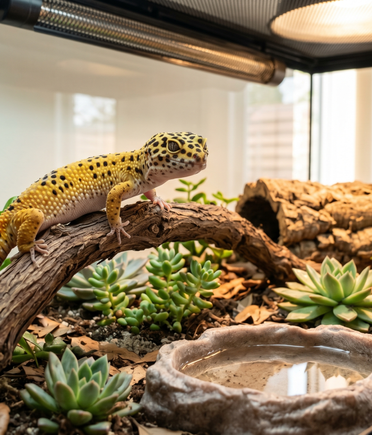 A yellow leopard gecko standing on a branch inside a glass terrarium with plants and a water bowl.