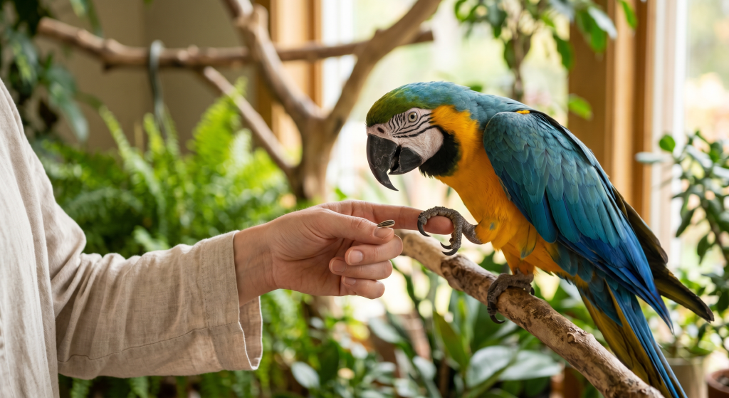 A blue and yellow macaw perched on a branch, reaching for a hand holding a small object.