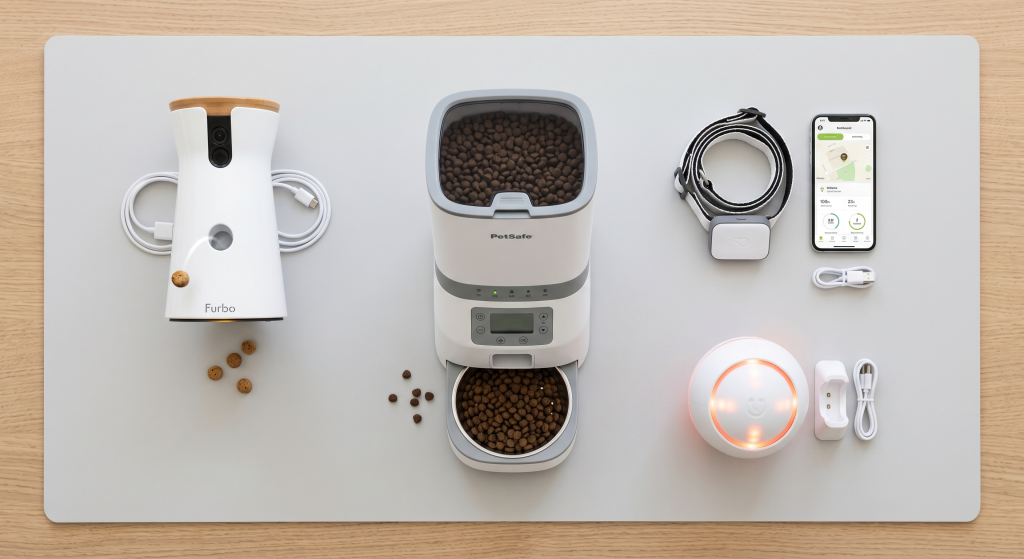 A white Furbo camera, PetSafe pet feeder, and pet tracker on a gray surface, with pet food scattered.