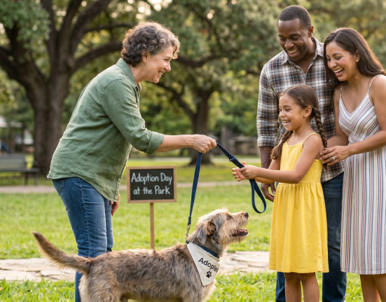 A family happily adopts a dog at a park during Adoption Day, with a sign behind them.