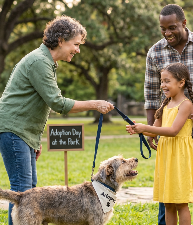 A family happily adopts a dog at a park during Adoption Day, with a sign behind them.