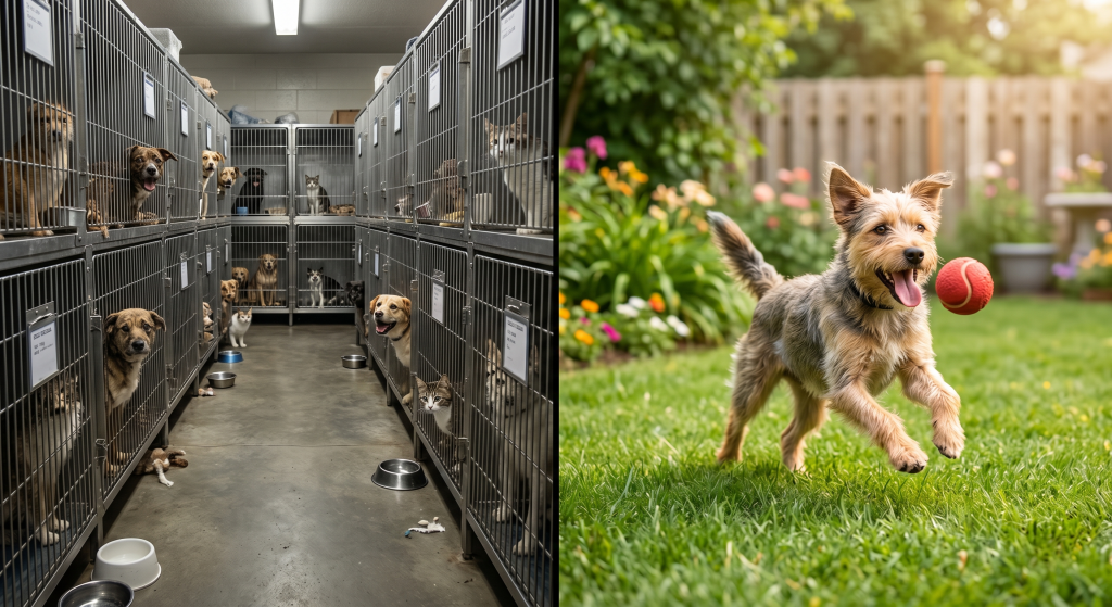 Animal shelter with pet dogs and cats in cages, some looking out, and a playful pet dog outside with a red ball.