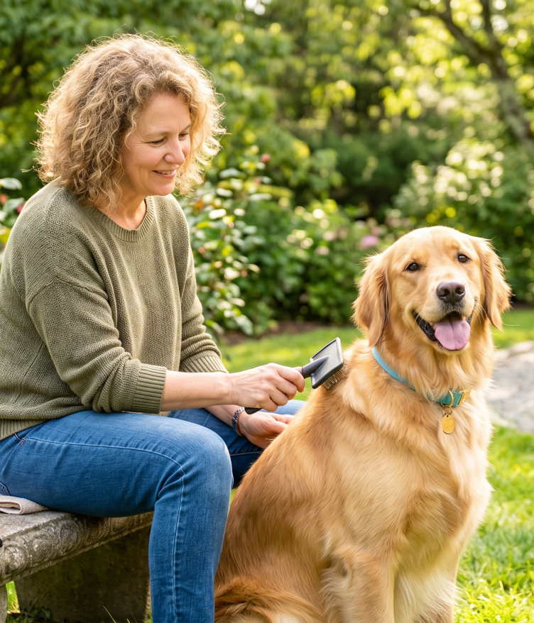 A woman brushes a golden retriever in a lush garden filled with colorful flowers.