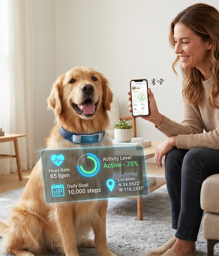 A golden retriever with a Smart Pet Tech collar showing health stats sits beside a woman on a couch, using a phone.