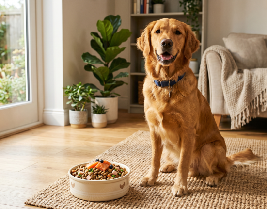 A golden retriever sits beside a bowl of dog food topped with fish and berries.