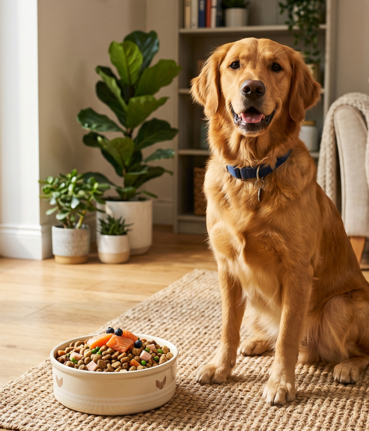 A golden retriever sits beside a bowl of dog food topped with fish and berries.
