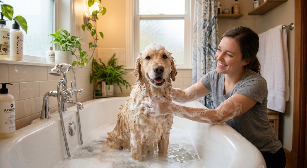 A happy Golden Retriever dog covered in shampoo foam gets a bath from a smiling woman in a vintage-style clawfoot tub.