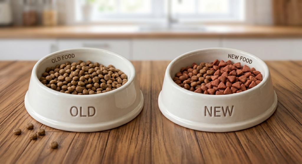Two pet bowls on a wooden surface, one with brown kibble labeled 'OLD FOOD' and the other with red triangular kibble labeled 'NEW FOOD'.