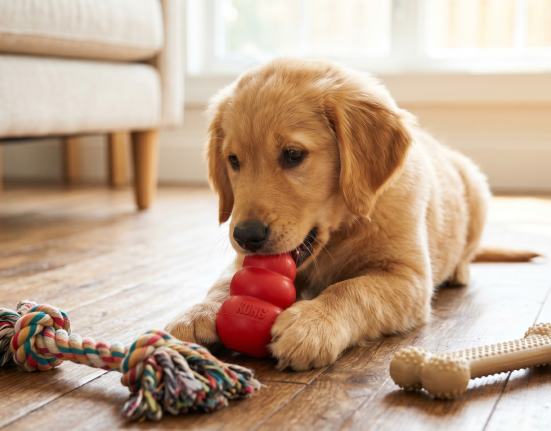 A Golden Retriever puppy happily chewing a red Kong toy on a wooden floor, surrounded by a rope and bone toy, with an untouched sofa leg in the background.
