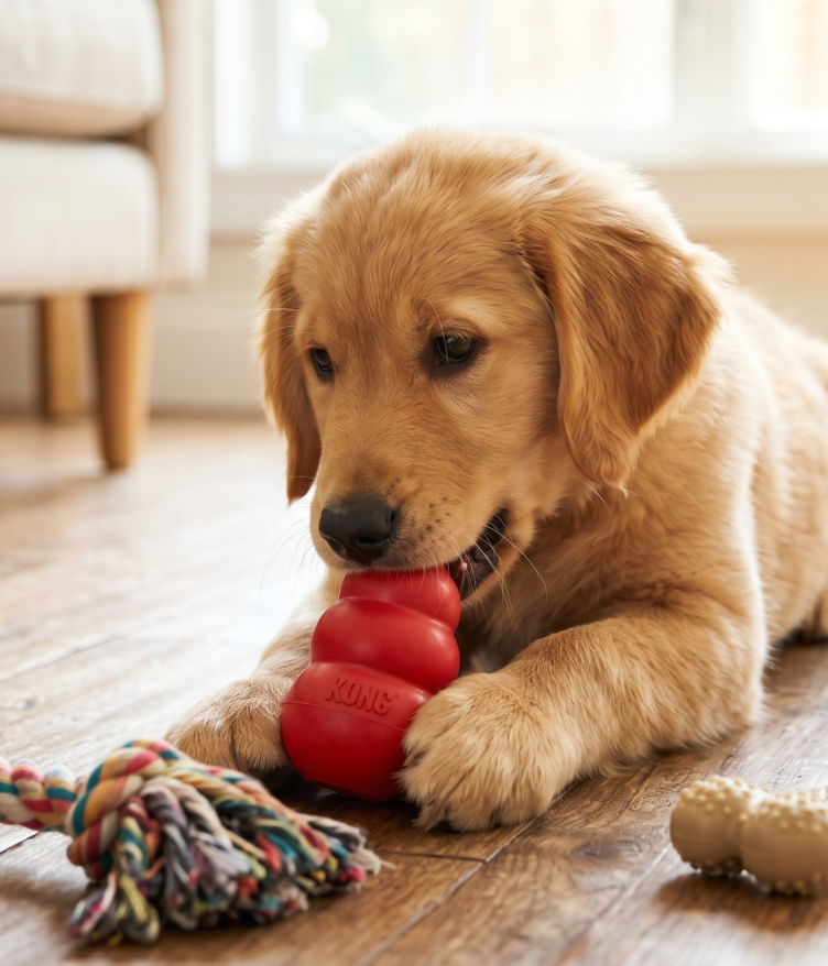 A Golden Retriever puppy happily chewing a red Kong toy on a wooden floor, surrounded by a rope and bone toy, with an untouched sofa leg in the background.