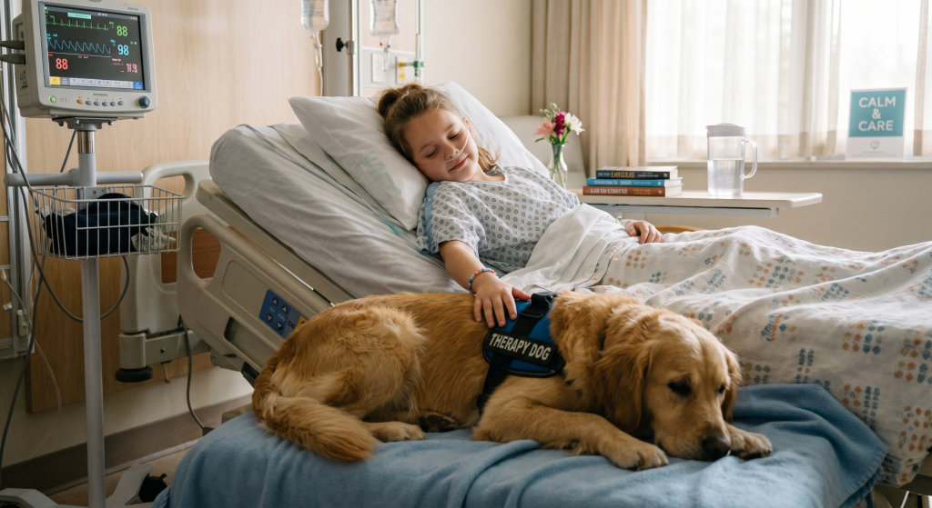 A young girl in a hospital bed gently petting a therapy dog resting beside her. Medical equipment is nearby.