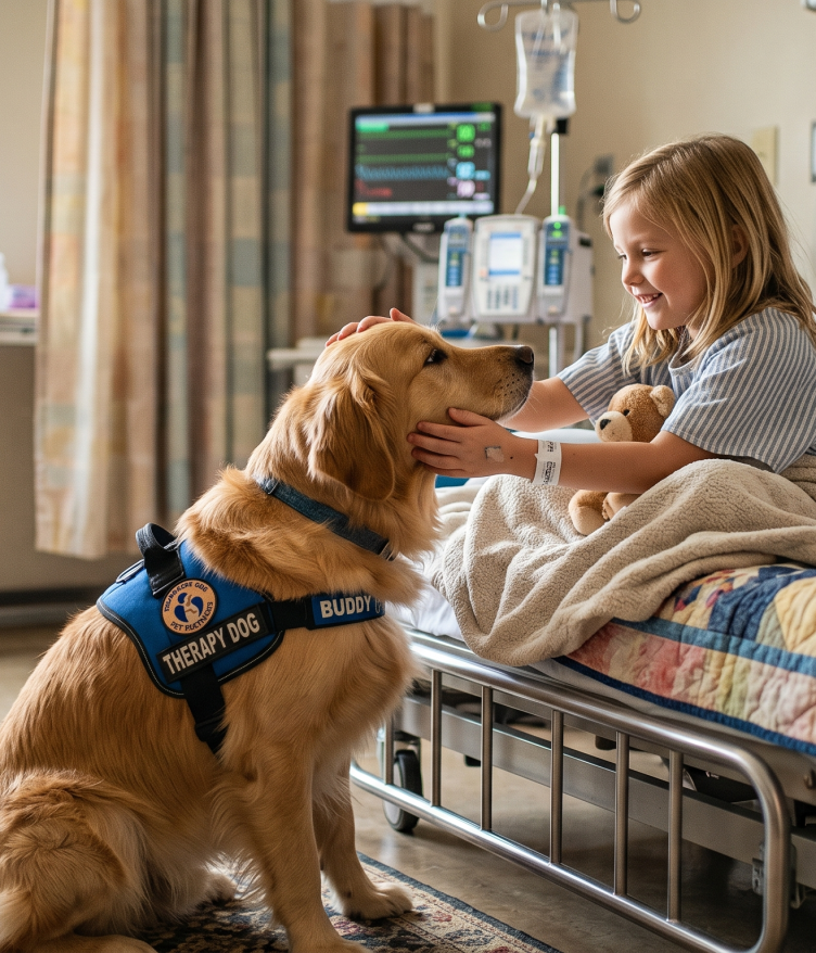 A girl in a hospital bed smiles as she pets a golden retriever therapy dog wearing a blue vest.