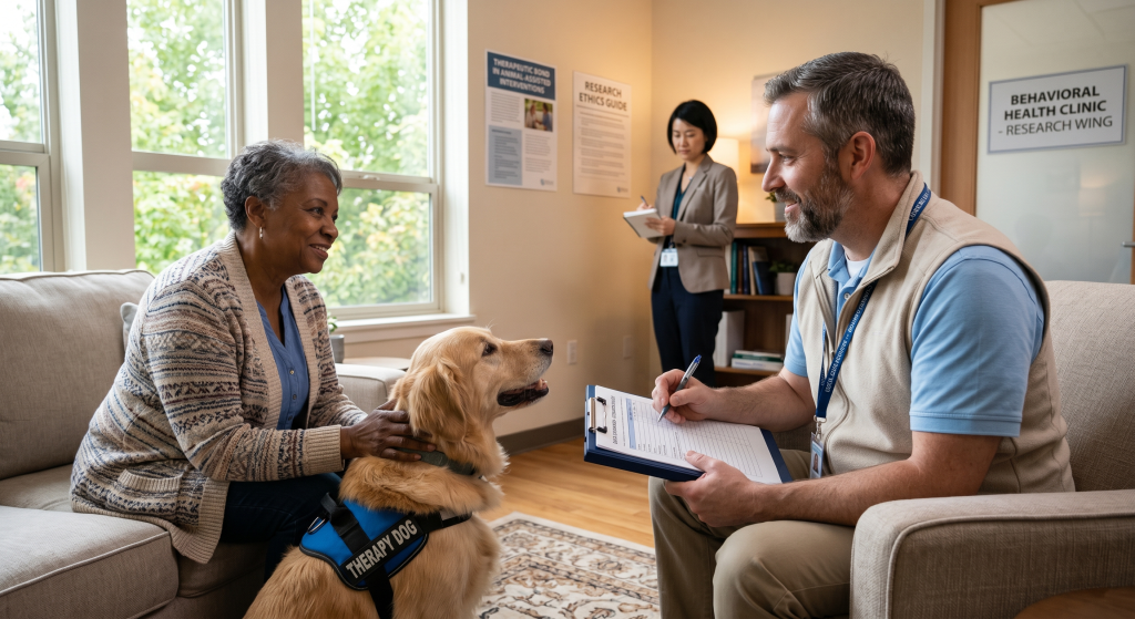 A therapy dog sits with a woman while a man writes notes. A woman stands near them.