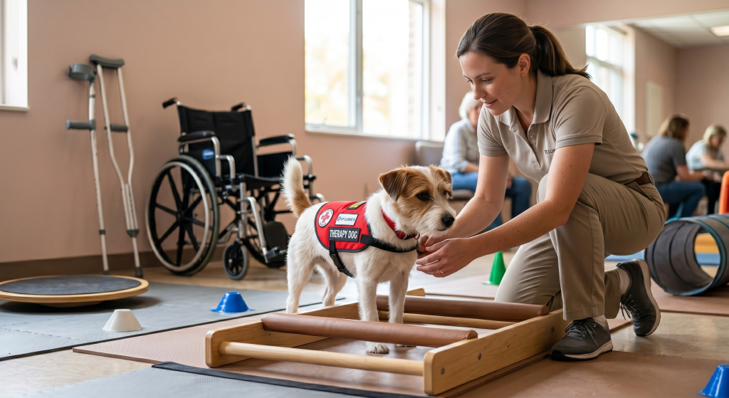 A therapist in a beige uniform helps a therapy dog with a red harness on a training platform. A wheelchair and crutches are nearby.