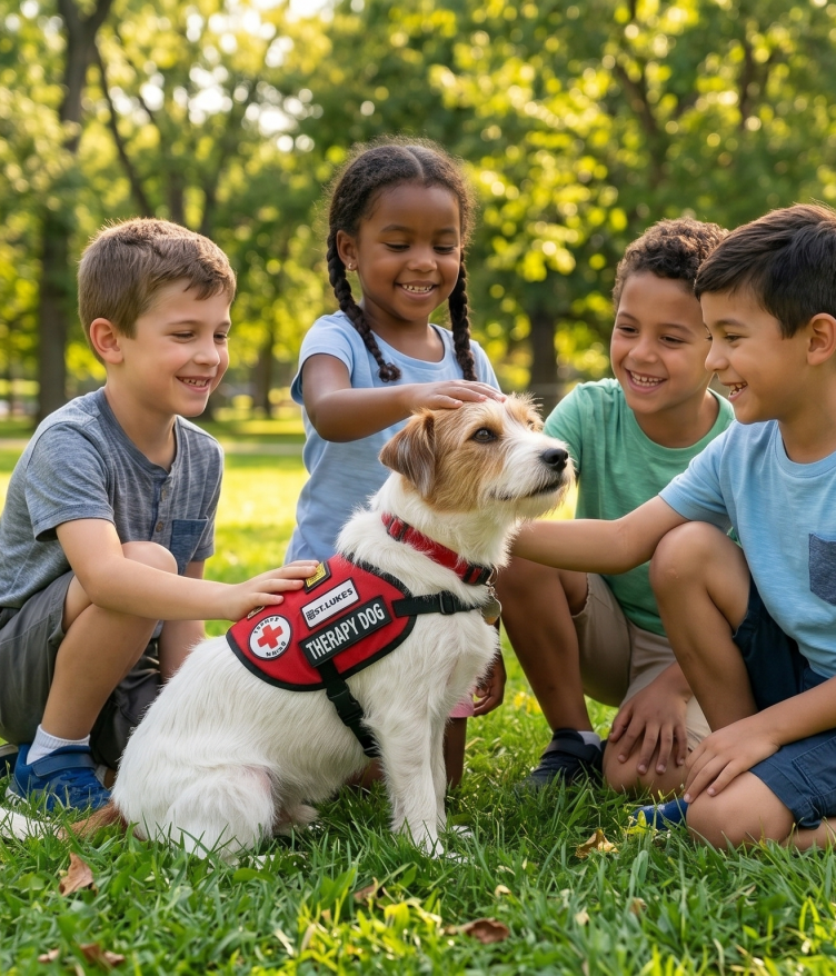 Four children sitting on grass, petting a therapy dog with a red vest in a sunny park.