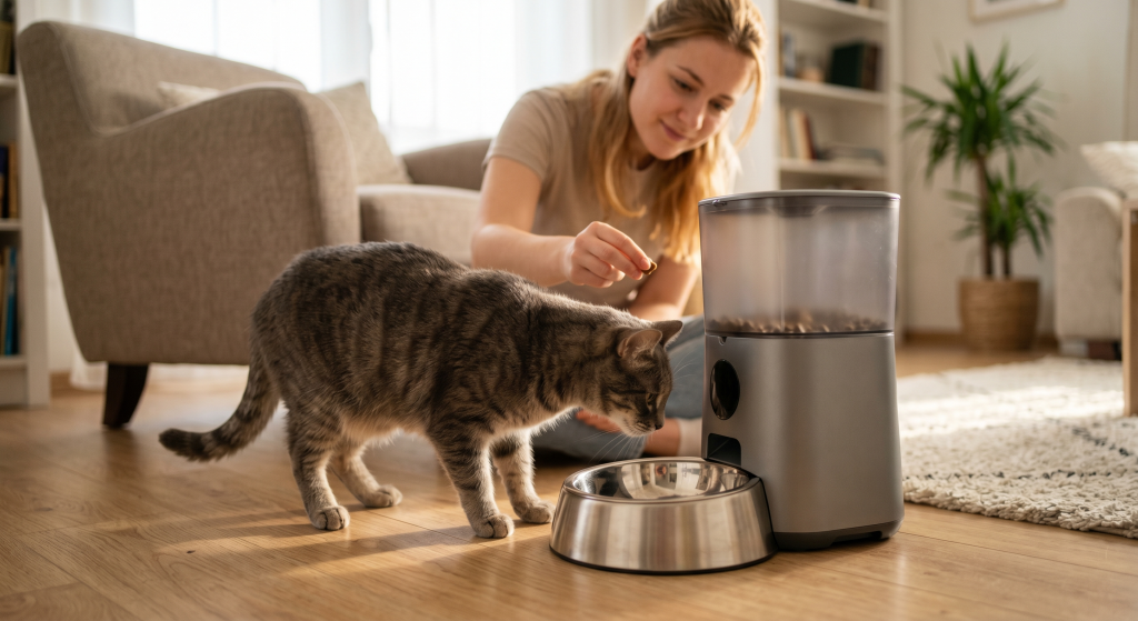 A woman feeds a grey tabby cat from an automatic pet feeder in a cozy living room.