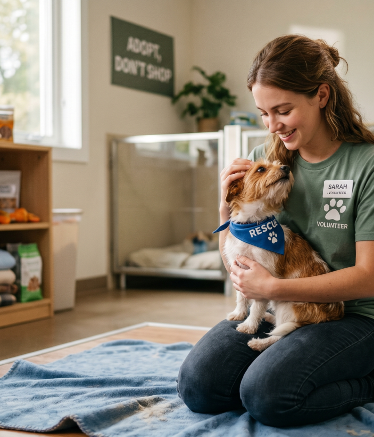 A young woman sits on the floor, holding a small dog wearing a blue bandana that says 'RESCUE.'