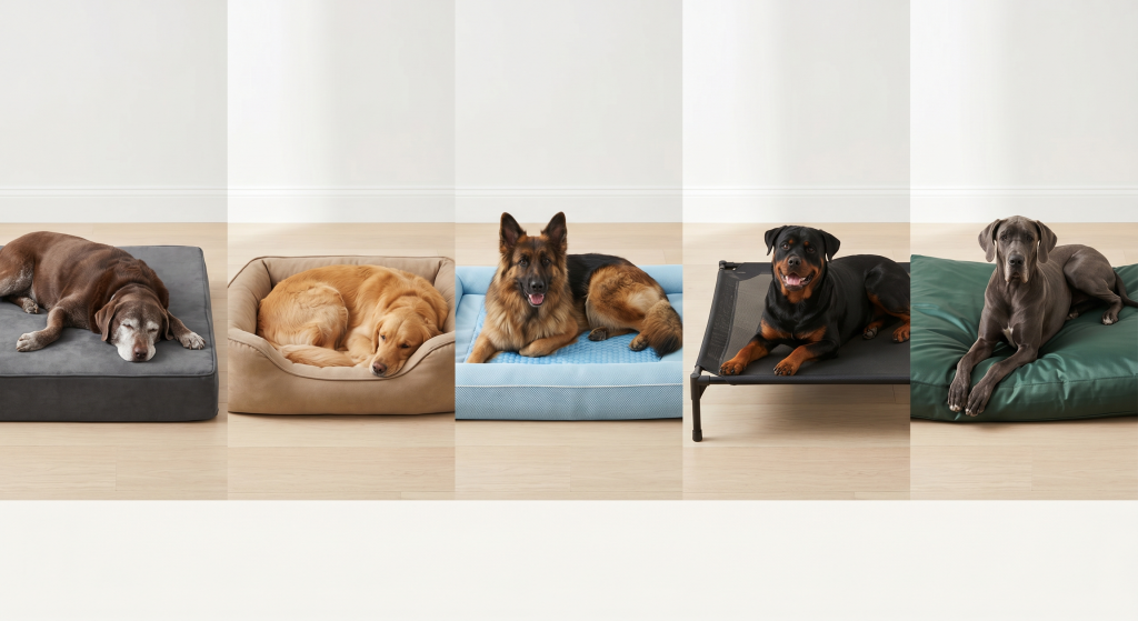 Five panels showing different large dog breeds—Labrador, Golden Retriever, German Shepherd, Rottweiler, and Great Dane—resting on five distinct bed styles: orthopedic mat, bolster, cooling, elevated cot, and waterproof pillow bed.