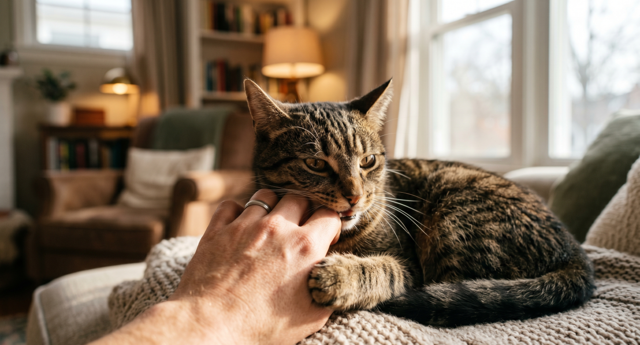 A close-up of a tabby cat gently biting a person's hand in a sunlit living room.