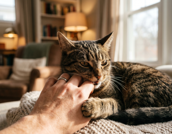 A close-up of a tabby cat gently biting a person's hand in a sunlit living room.