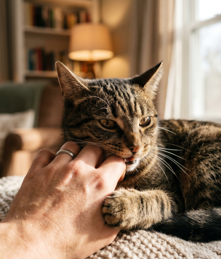 A close-up of a tabby cat gently biting a person's hand in a sunlit living room.