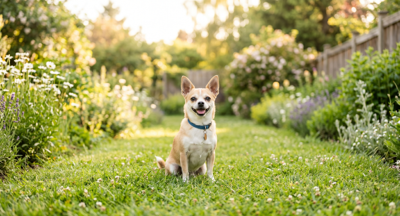 A happy Chihuahua mix sitting on a grassy path in a sunlit garden with white and purple flowers and a wooden fence.