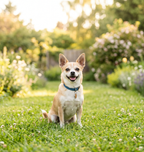 A happy Chihuahua mix sitting on a grassy path in a sunlit garden with white and purple flowers and a wooden fence.