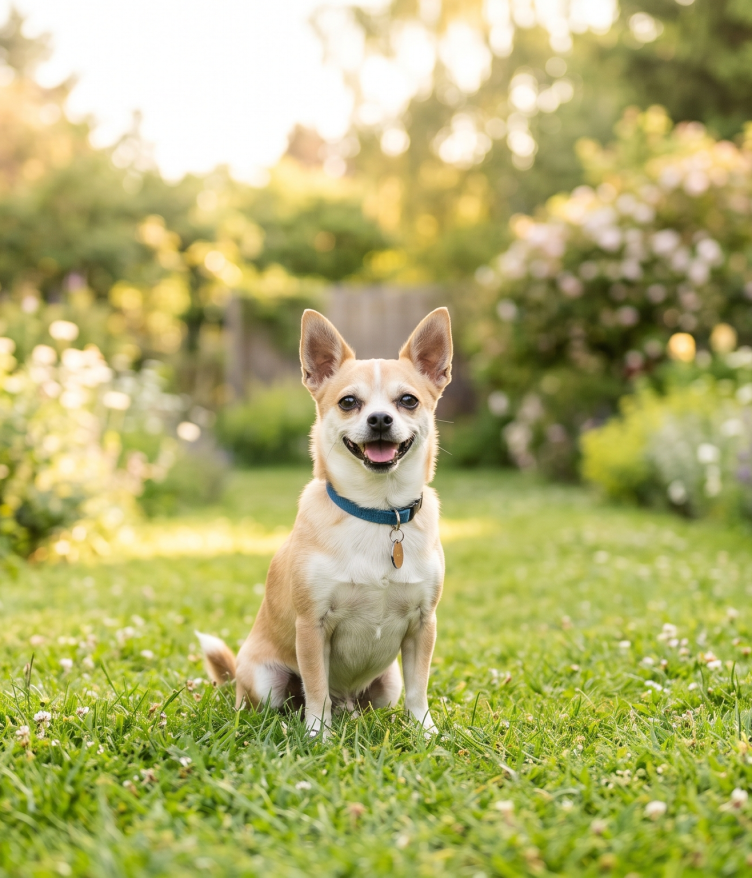 A happy Chihuahua mix sitting on a grassy path in a sunlit garden with white and purple flowers and a wooden fence.