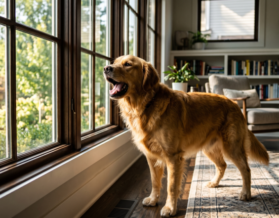 A Golden Retriever barking at the window, illustrating why does my dog bark at everything.
