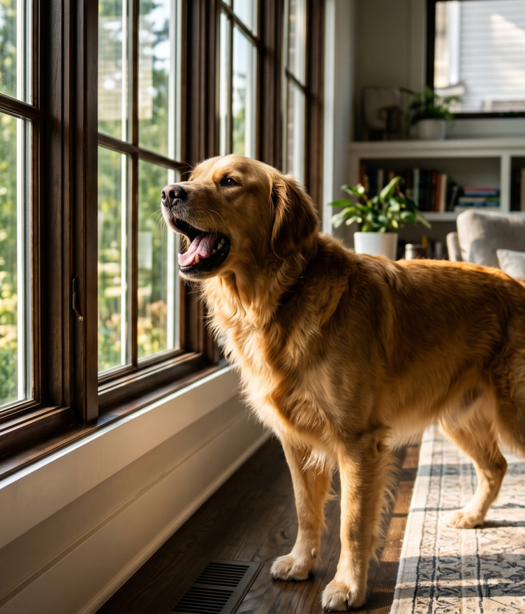 A Golden Retriever barking at the window, illustrating why does my dog bark at everything.