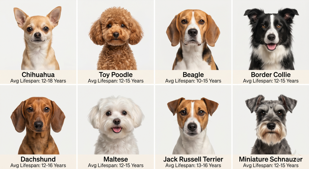 A grid chart comparing the average lifespan (in years) for eight popular dog breeds, including the Chihuahua, Poodle, Beagle, and Border Collie, with portrait headshots of each breed.