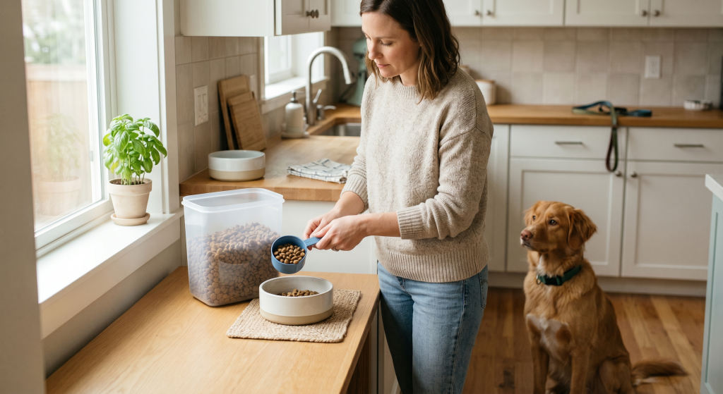 A woman in a bright kitchen carefully measuring dry kibble with a blue cup into a ceramic bowl, while a fit golden-brown dog breed sits patiently on the floor nearby waiting for its meal.