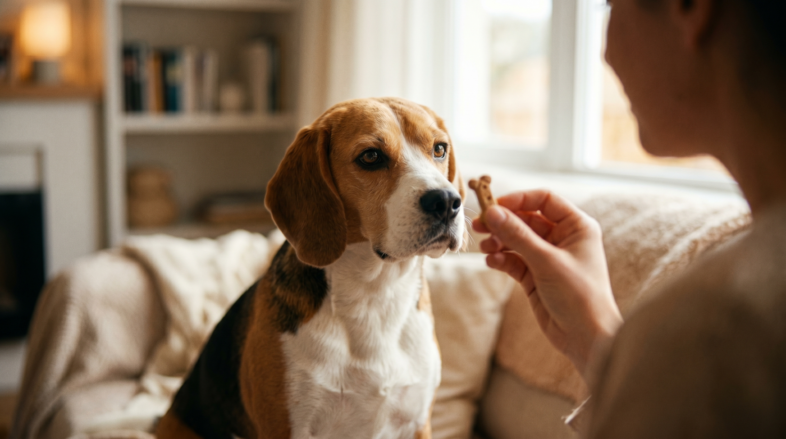 An owner teaching a calm Beagle the quiet command with a treat to stop nuisance barking.