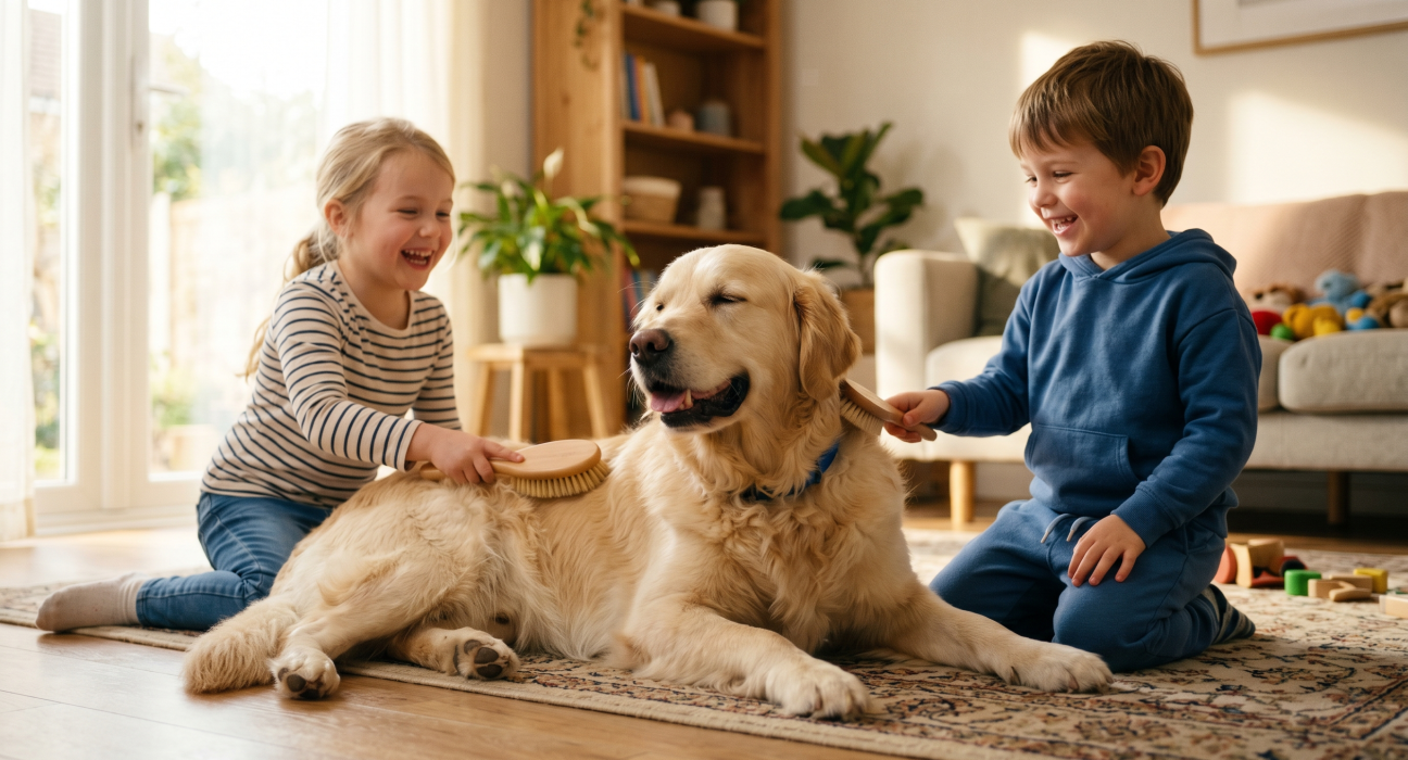 A young boy and girl happily brushing a calm Golden Retriever in a sunlit living room.