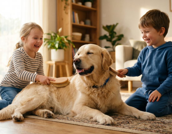 A young boy and girl happily brushing a calm Golden Retriever in a sunlit living room.