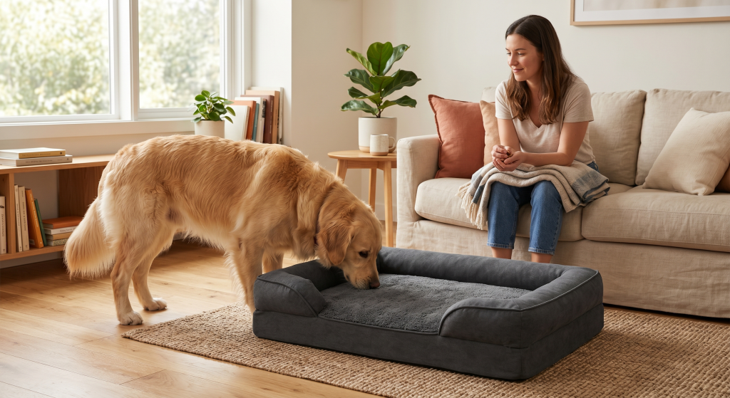 A curious Golden Retriever investigating and sniffing a new dark grey bolster dog bed in a cozy, sunlit living room, with a woman observing patiently from a sofa.