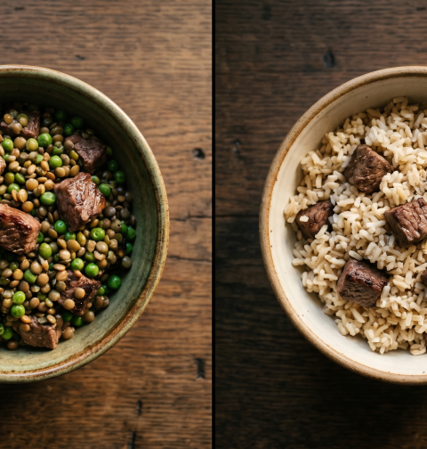 Grain-free vs. grain-inclusive diet choices for dogs featuring raw ingredients and kibble.