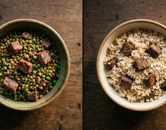 Grain-free vs. grain-inclusive diet choices for dogs featuring raw ingredients and kibble.