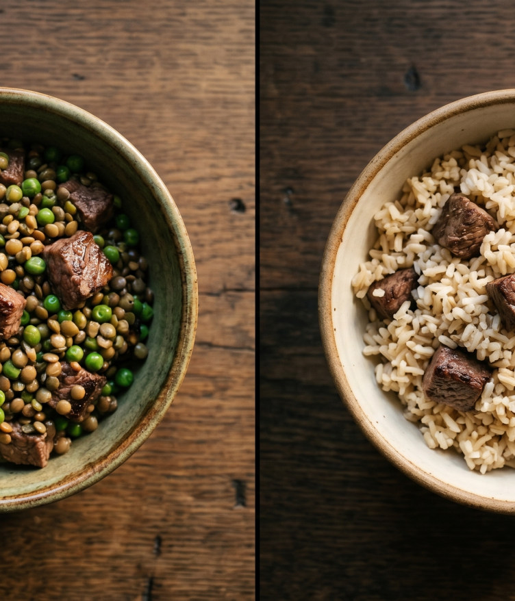 Grain-free vs. grain-inclusive diet choices for dogs featuring raw ingredients and kibble.