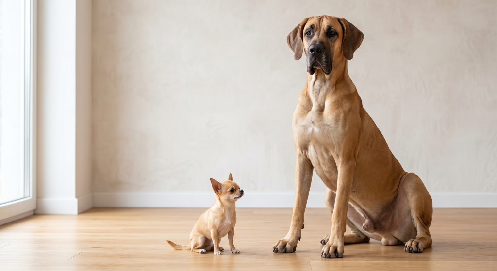 A tiny Chihuahua sitting next to a large Great Dane in a minimalist room, highlighting the dramatic size difference between the two breeds.