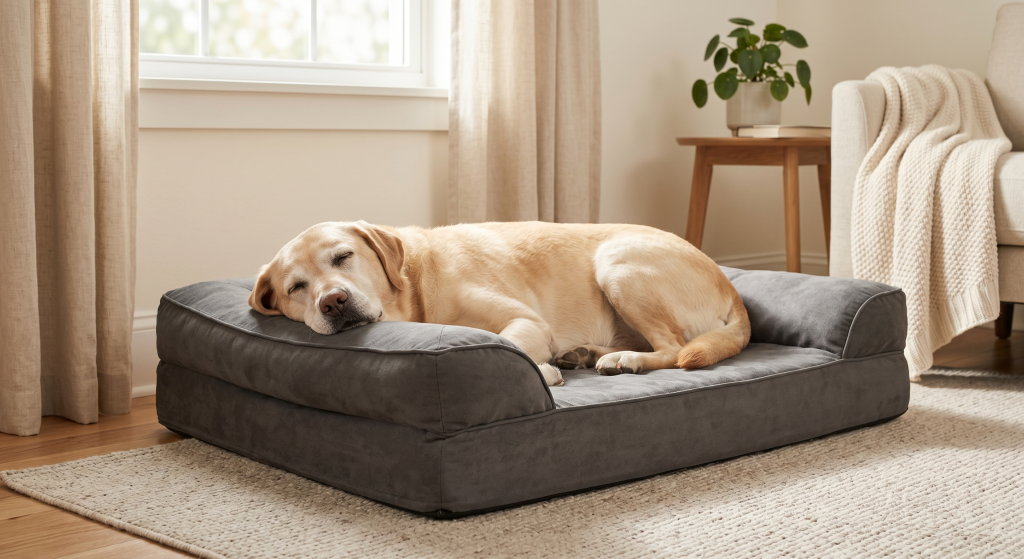 A yellow Labrador Retriever sleeping soundly on a grey, cushioned orthopedic dog bed in a cozy, sunlit living room.