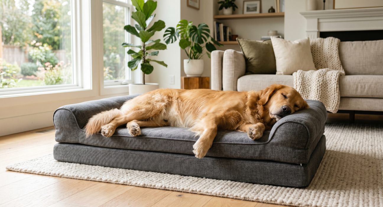 A large Golden Retriever sleeping peacefully on a plush, grey orthopedic dog bed in a bright, modern living room with natural sunlight, indoor plants, and cozy decor.